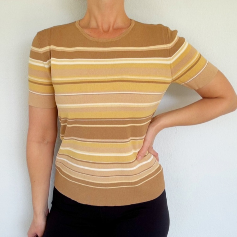 Alfred Dunner Petite brown yellow stripe knit short sleeve sweater top medium
